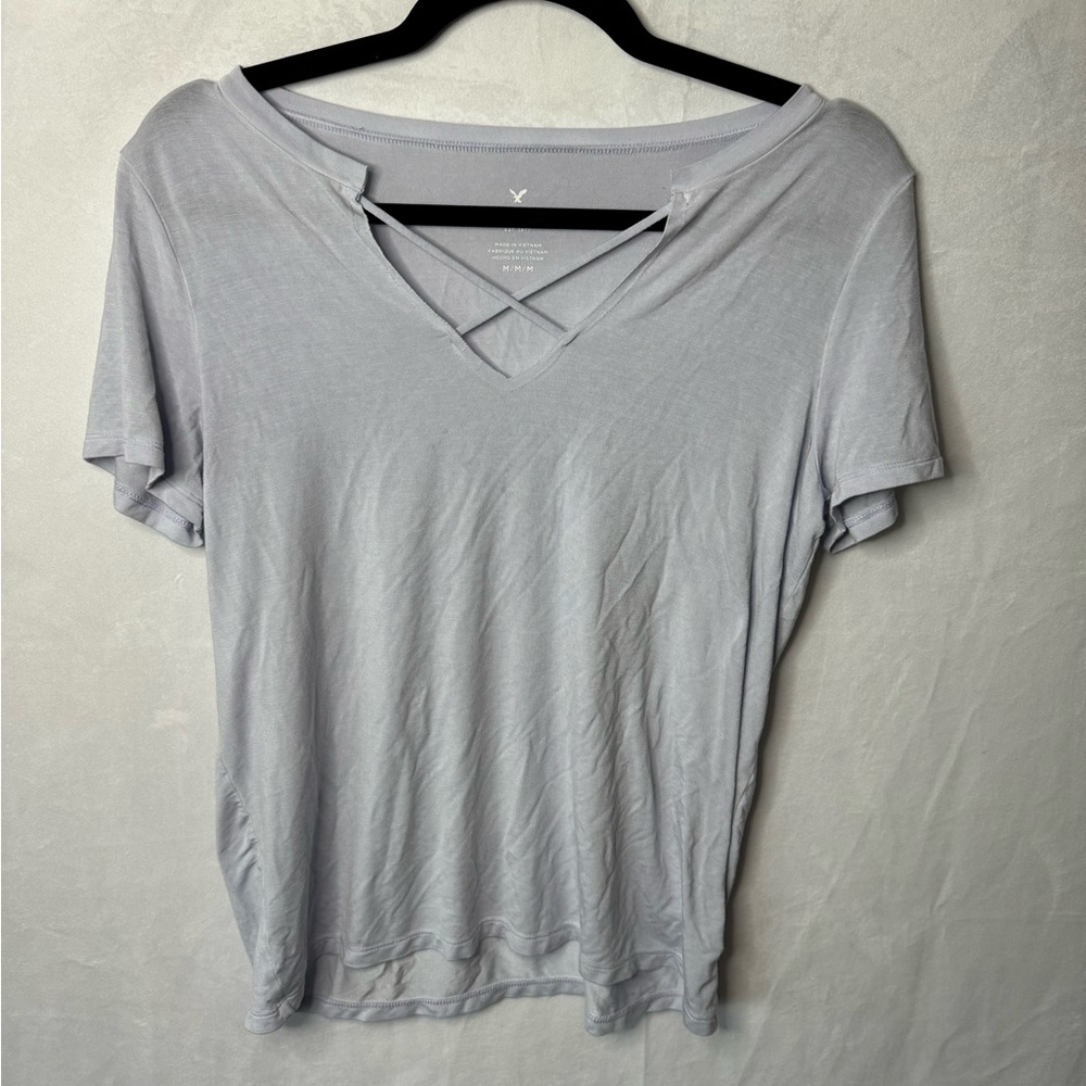 AMERICAN EAGLE PERIWINKLE CRISS CROSS TEE